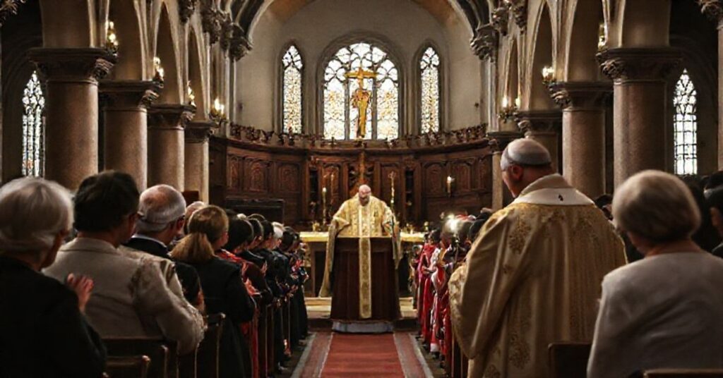 Wnętrze tradycyjnego kościoła z uroczystością religijną, w tym biskup w szatach liturgicznych prowadzący ceremonię, z poważną atmosferą podkreślającą powagę wydarzenia.