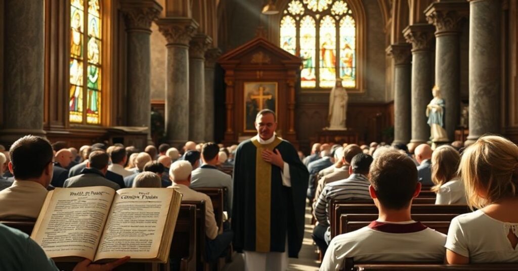 Tradycyjny Kościół katolicki z procesją monstrancką pod przewodnictwem księdza w sukmanie i surplisie.