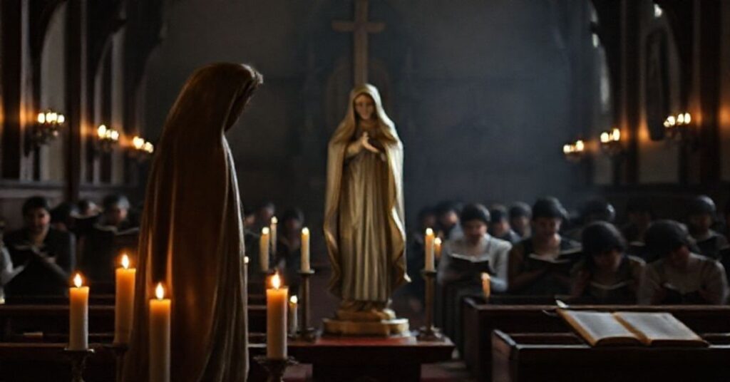 Wnętrze tradycyjnego kościoła katolickiego z rzeźbą Matki Boskiej Bolesnej na pierwszym planie, otoczoną świecami i modlitewnikami.