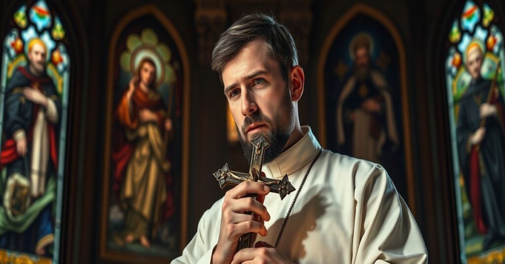 Tradycyjny katolicki ksiądz w kościele modli się przed obrazem męczenników z krzyżem w ręku.