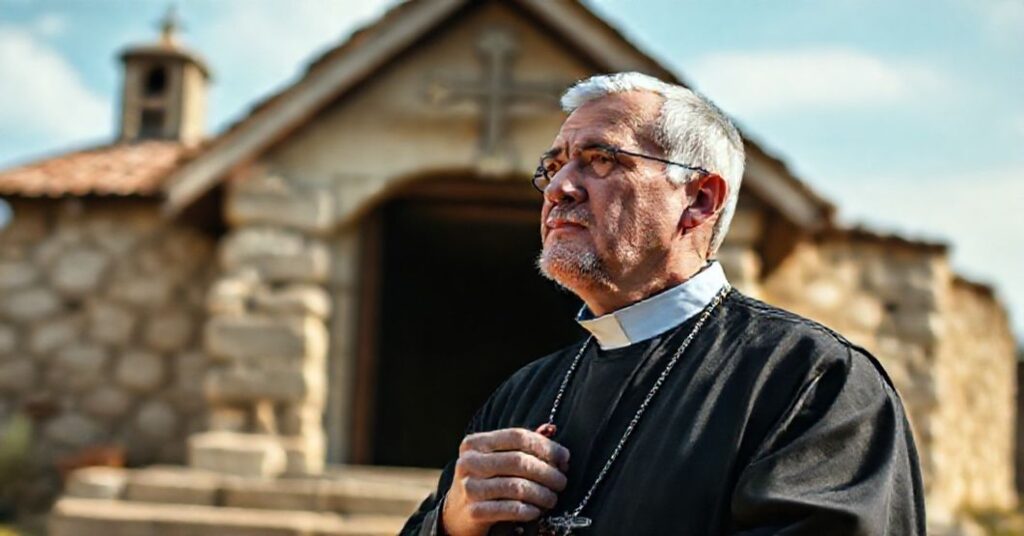 Tradycyjny ksiądz modlący się przed prostym kościołem, symbolizujący prawdziwe duże skarby wiary.