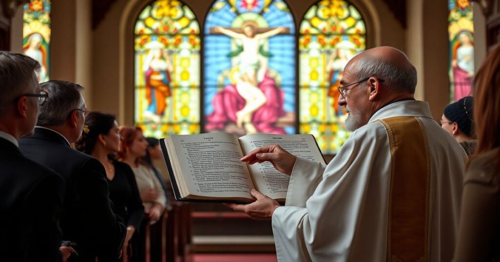 Tradycyjny katolicki ksiądz w kaplicy z otwartą Biblią, wyjaśniający fałszywe nauki uzurpatora Leona XIV dotyczące migracji.
