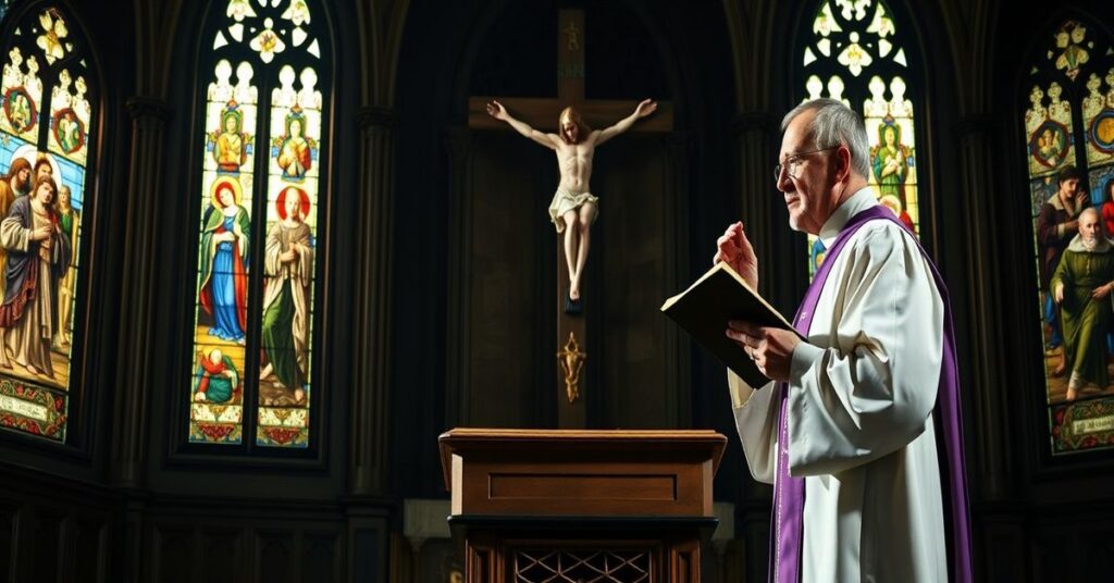 Tradycyjny ksiądz katolicki w bieli szat i fioletowym stole stoi przed amboną w ciemnym kościele gotyckim. Trzyma zamkniętą Biblię i gestem upomnienia wskazuje na krzyż. Słup gotycki kościoła dominuje nad sceną.