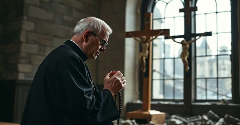 Tradycyjny ksiądz w ornacie modli się przed krzyżem na tle ruin miasta