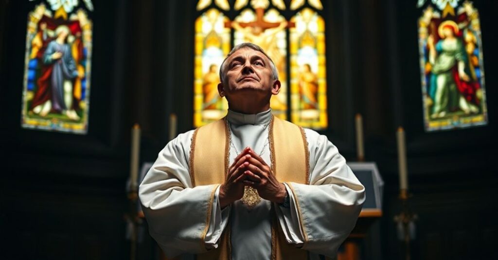 Ksiądz w tradycyjnych szata liturgicznych stojący przed tabernakulum w ciemnym wnętrzu kościoła z witrażami przedstawiającymi ukrzyżowanie Chrystusa. Wyraz twarzy kapłana wyraża głęboką pobożność i sakralny poważny charakter kapłaństwa.