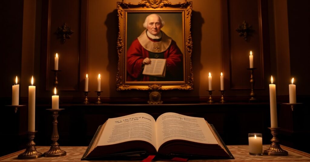 Tradycyjny ołtarz katolicki z otwartą Biblią wyświetlającą 1 Jn 2:19, otoczony świecami w uroczystej kaplicy. Na tle portret Piusa XI z widoczną encykliką Quas Primas. Scena budzi szacunek, integralność i opór wobec herezji modernistycznych.