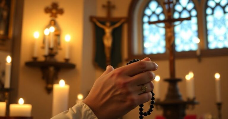 Kobieta modli się z różańcem w tradycyjnym katolickim stylu, podkreślając jego sakralny charakter i rolę Maryi Panny.