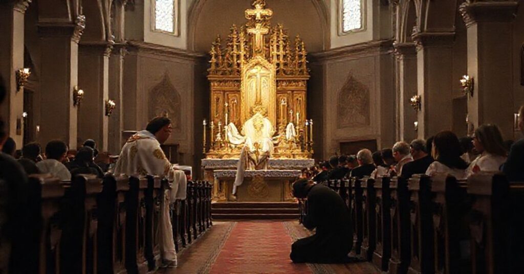 Tradycyjna Msza św. w kościele katolickim z tradycyjnym ołtarzem i tabernakulum. Kapłan sedevacantystowski celebruje Msze św. w obrzędzie trydenckim.