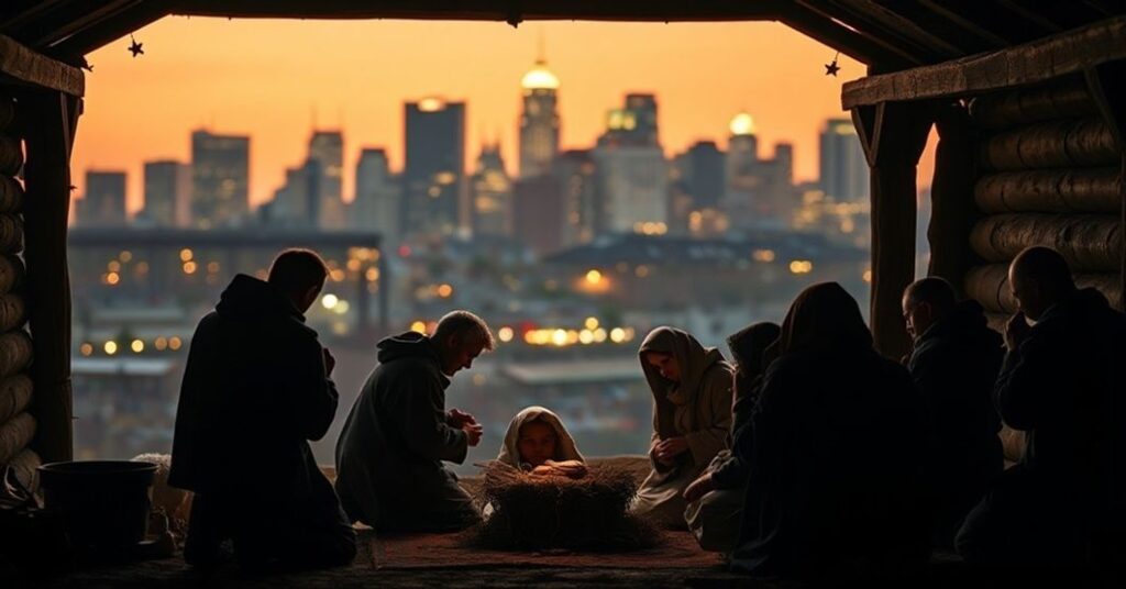 Tradycyjna scenka Bożego Narodzenia w ciemnej stajence z modlącymi się wierzącymi na tle współczesnego miasta.