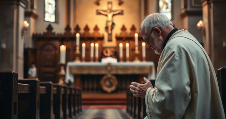 Elderki kapłan modlący się w tradycyjnej katolickiej świątyni przy ołtarzu z krucyfiksem i świecami, symbolizujący głęboką pobożność i wierność tradycji katolickiej.