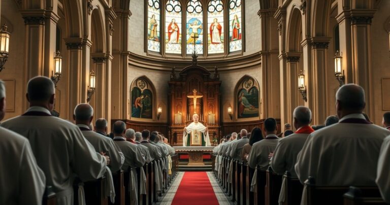 Rewersywny obraz tradycyjnej katolickiej liturgii w kościele, z kapłanami w ornatach, światłem z witraży, ukazujący duchową głębię i wiarę.