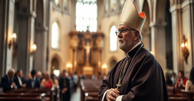 Scena katolickiego biskupa w tradycyjnej liturgii w wnętrzu katedry, symbolizująca wierną wiarę wobec modernistycznych zmian