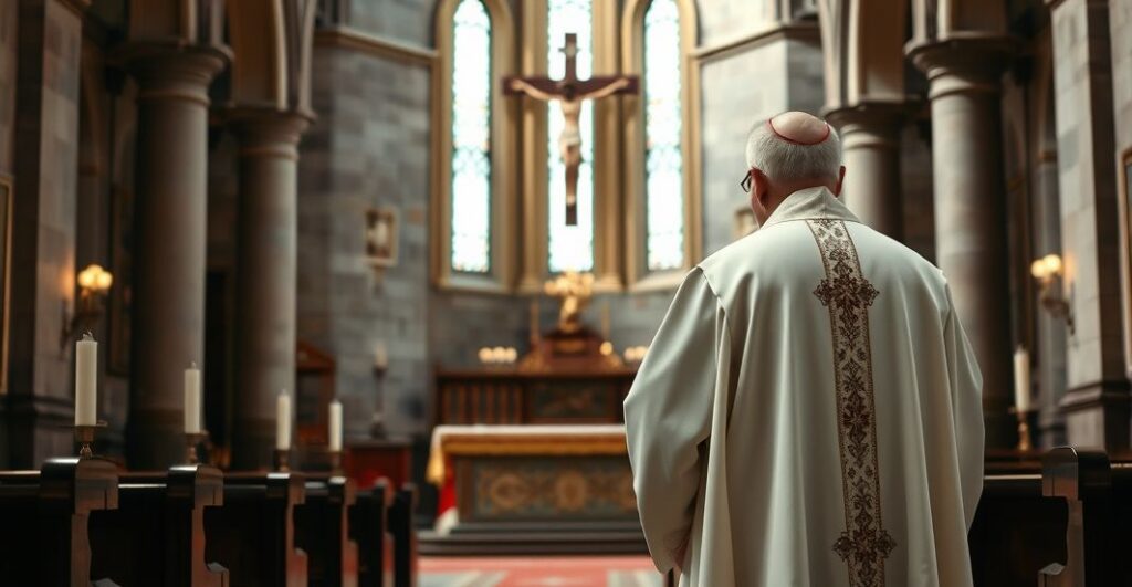 Kapłan w tradycyjnej liturgii katolickiej, wyraz powagi i troski, w historycznym kościele, symbolizujący obronę katolickich prawd przeciw nowoczesnym zmianom