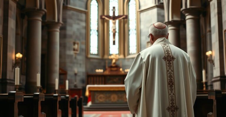 Kapłan w tradycyjnej liturgii katolickiej, wyraz powagi i troski, w historycznym kościele, symbolizujący obronę katolickich prawd przeciw nowoczesnym zmianom