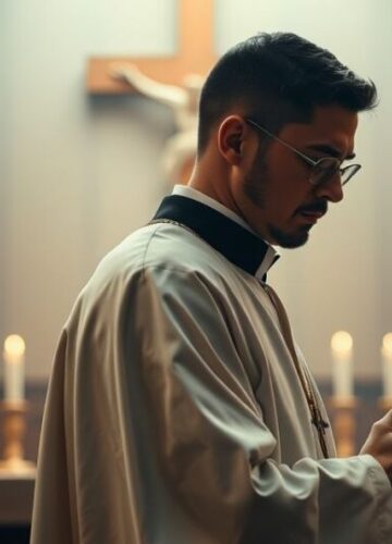 Tradycyjny katolicki kapłan modli się przed ołtarzem Katolicki kapłan modlący się przed ołtarzem, symbol pokory i duchowej refleksji w tradycyjnej szacie.