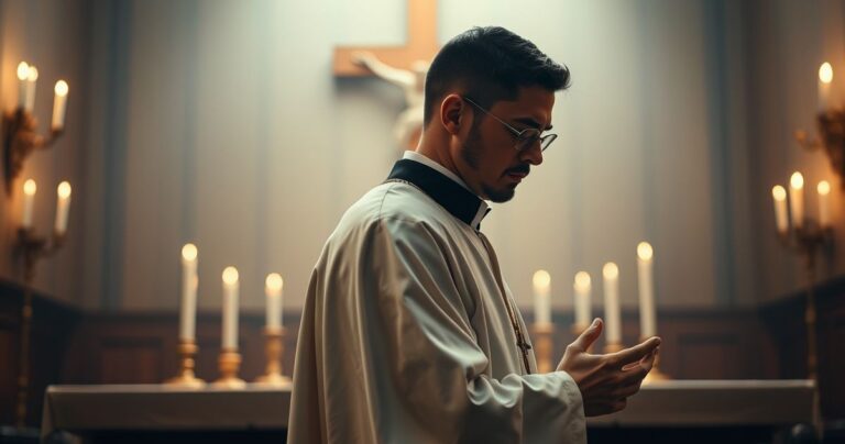 Katolicki kapłan modlący się przed ołtarzem, symbol pokory i duchowej refleksji w tradycyjnej szacie.