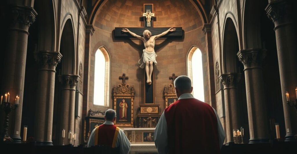 Kapłan modlący się przed krzyżem w tradycyjnej katolickiej świątyni, wyraz głębokiej pobożności i wierności wierze