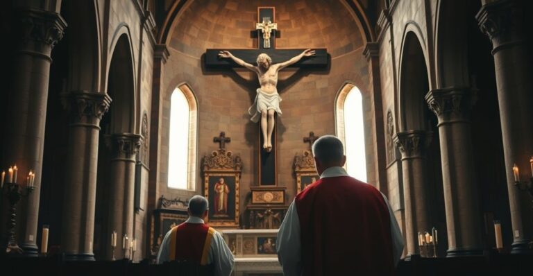 Kapłan modlący się przed krzyżem w tradycyjnej katolickiej świątyni, wyraz głębokiej pobożności i wierności wierze