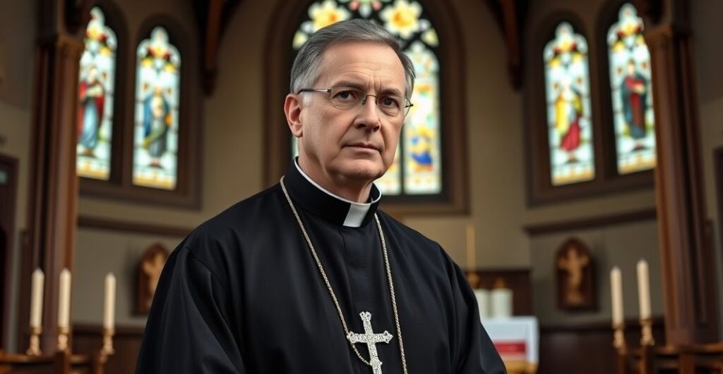 Klasztorny kapłan w tradycyjnym stroju katolickim w modlitewnym nastroju w świątyni z witrażami, symbolizujący ewangeliczną prawdę i sprzeciw wobec modernistycznych reinterpretacji