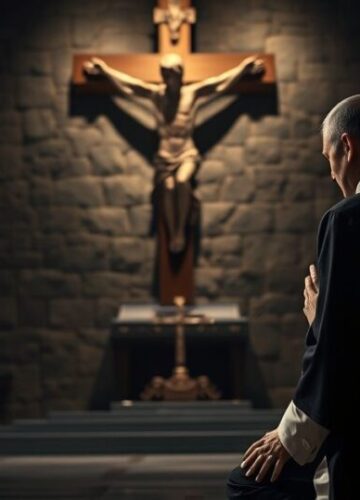 Katolicki ksiądz modli się przed krzyżem w tradycyjnym kościele Ksiądz katolicki w liturgicznej szacie modli się przed krzyżem w tradycyjnej świątyni, ukazując głęboką pobożność i szacunek dla katolickiej doktryny.