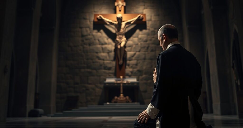 Ksiądz katolicki w liturgicznej szacie modli się przed krzyżem w tradycyjnej świątyni, ukazując głęboką pobożność i szacunek dla katolickiej doktryny.