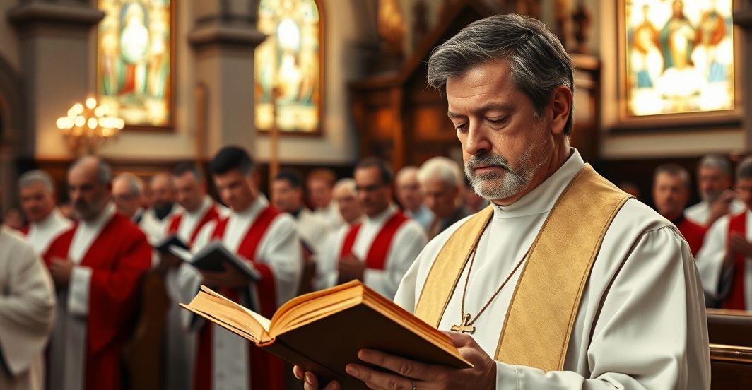Tradycyjny katolicki kościół z kapłanem w modlitwie – obraz wiernej ortodoksji Reprodukcja tradycyjnego katolickiego wnętrza kościoła z kapłanem w vestmentach, modlitwą, podkreślająca powagę i ortodoksję, ukazująca krytykę modernistycznych interpretacji Pisma