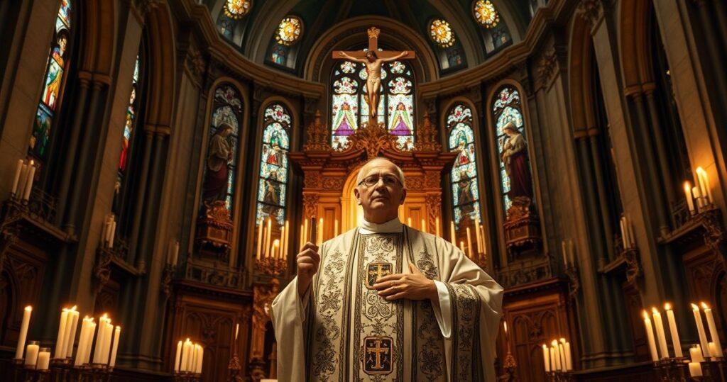 Ksiądz katolicki w liturgicznym stroju, modlący się przy ołtarzu, symbolizujący duchowy kryzys i konieczność powrotu do Królestwa Chrystusa w tradycyjnej świątyni.