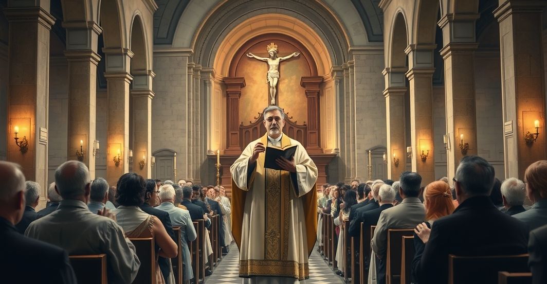 Tradycyjny katolicki kościół z kapłanem i wiernymi Tradycyjny katolicki kościół z kapłanem i wiernymi, scena pełna szacunku i duchowości