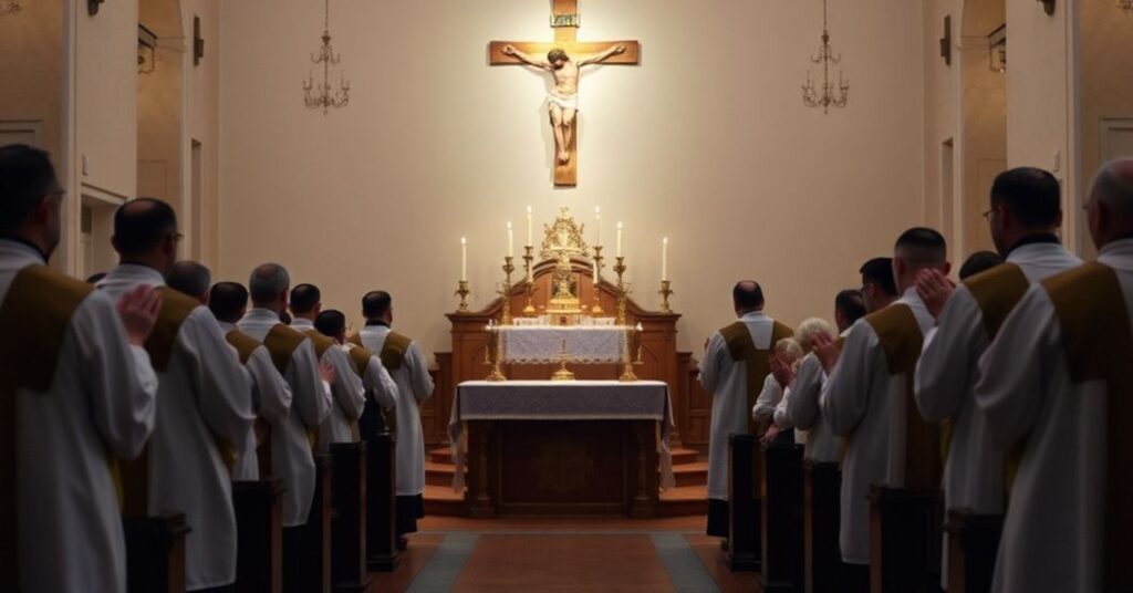 Stara liturgiczna scenografia z akcentem na tabernakulum i tradycyjnych wierzchnich szatach. Scena podkreśla sakralność i ofiarowy charakter Mszy Świętej.