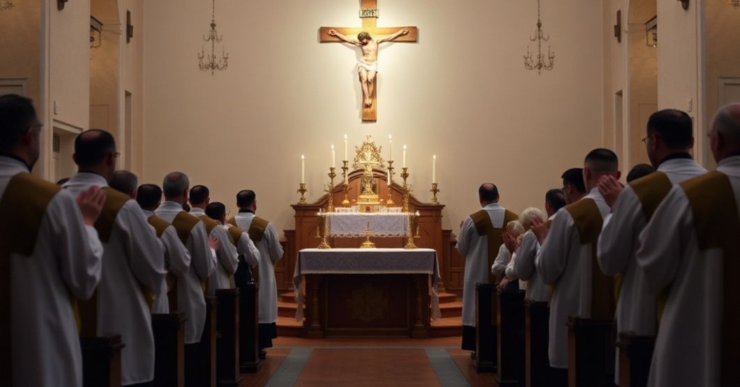 Stara liturgiczna scenografia z akcentem na tabernakulum i tradycyjnych wierzchnich szatach. Scena podkreśla sakralność i ofiarowy charakter Mszy Świętej.