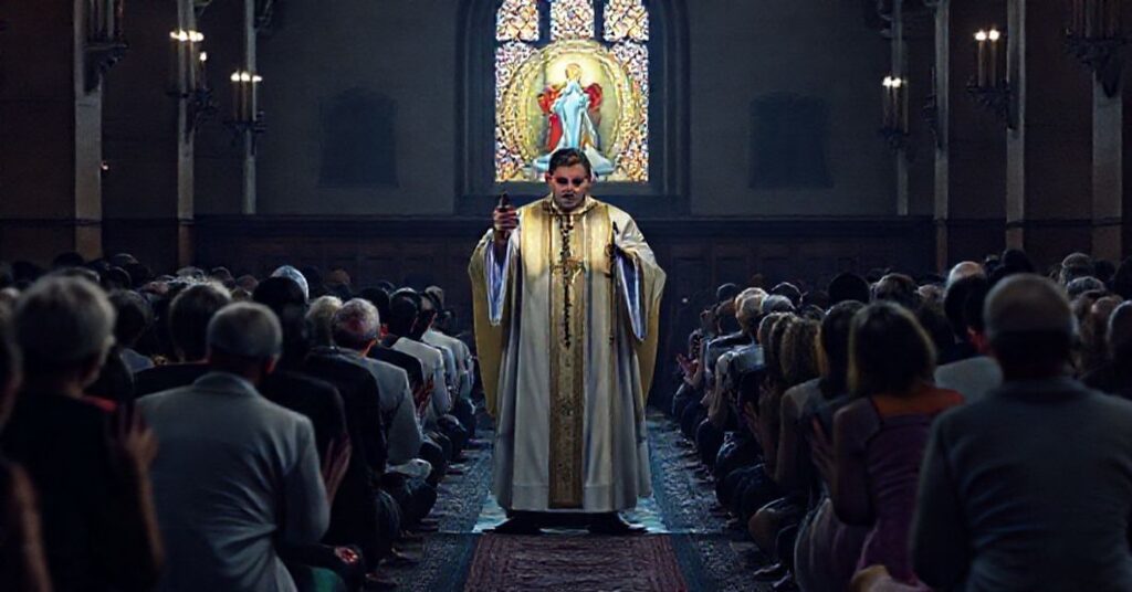 Kultowy obraz przedstawiający tradycyjną katolicką modlitwę przed obrazem Najświętszej Maryi Panny w kościele.