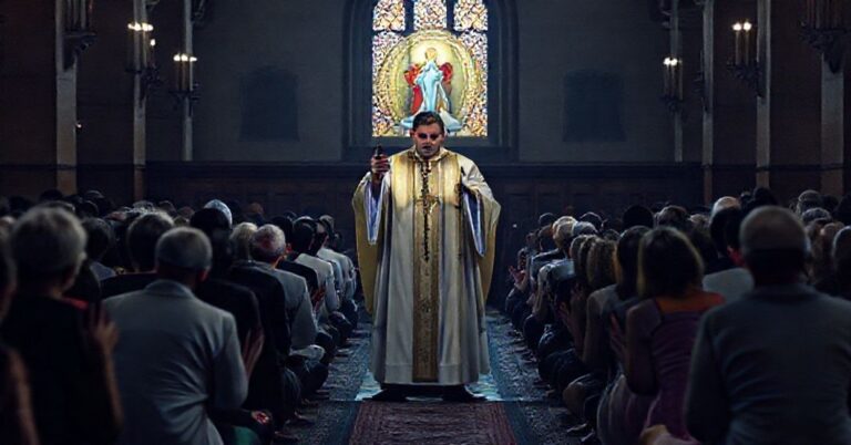 Kultowy obraz przedstawiający tradycyjną katolicką modlitwę przed obrazem Najświętszej Maryi Panny w kościele.