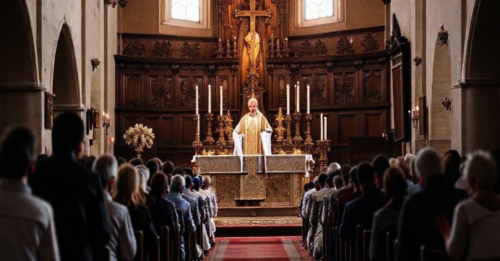 Tradycyjna msza katolicka w kościele z kapłanem w tradycyjnych szatach i pokornymi wiernymi