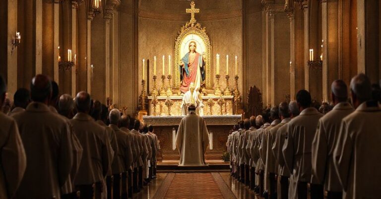 Tradicyjna msza trydentńska w starej katolicyzmie, symbolizująca trwałą naukę wiary w kontrastie z nowoczesnymi odchyleniami.