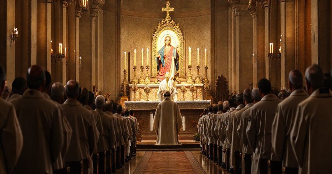 Tradicyjna msza trydentńska w starej katolicyzmie, symbolizująca trwałą naukę wiary w kontrastie z nowoczesnymi odchyleniami.