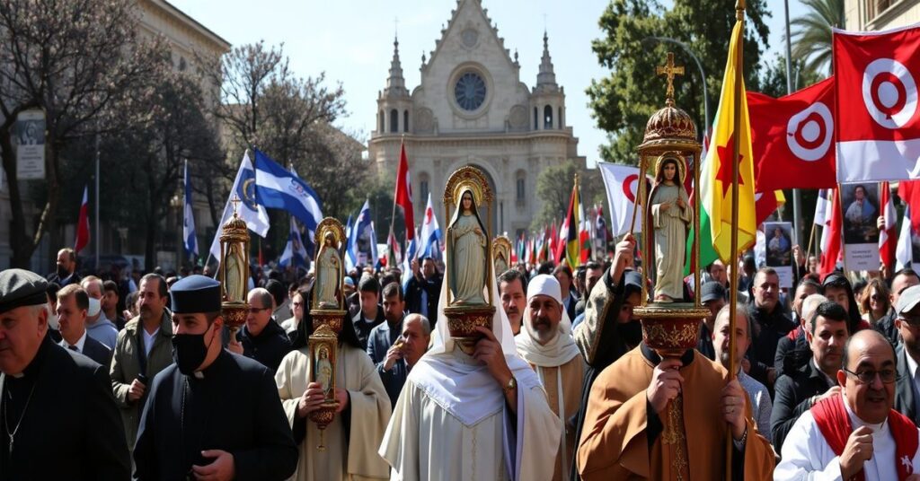 Pielgrzymi katolickie w Libanie podczas tradycyjnej procesji religijnej z obrazami Matki Bożej i Serca Jezusa na tle współczesnych modernistów trzymających flagi watykańskie.