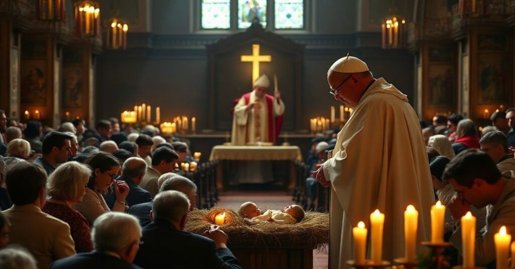 Solenne katolickie sceny Bożego Narodzenia w tradycyjnym kościele z czcigodnym zgromadzeniem klęczącym przed żłobkiem