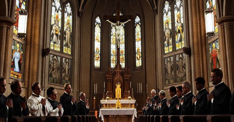 Wnętrze katedry z tradycyjnym ołtarzem i roztargnionymi duchownymi modlącymi się przy krzyżu, symbolizującym prawdziwą misję ewangelizacyjną Kościoła