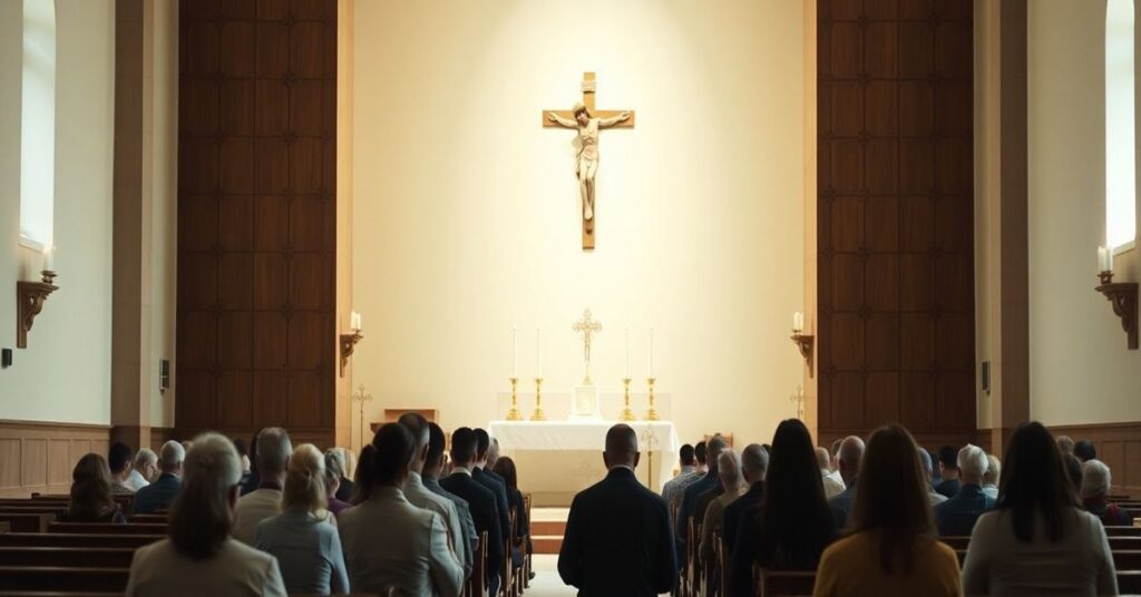 Wnętrze tradycyjnego kościoła z modlącymi się wiernymi i skromnym ołtarzem.