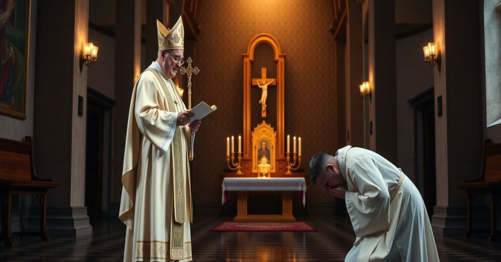 Tradycyjny katolicki wnętrze z biskupem sedevacantistą i pokutującym księdzem przed sanktuarium.