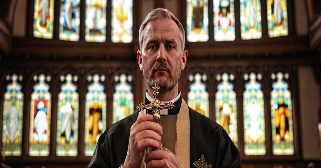 Tradycyjny katolicki kapłan w stroju liturgicznym trzyma krzyż w starannie urządzonym kościele, symbolizując tradycyjną wiarę i oddanie.
