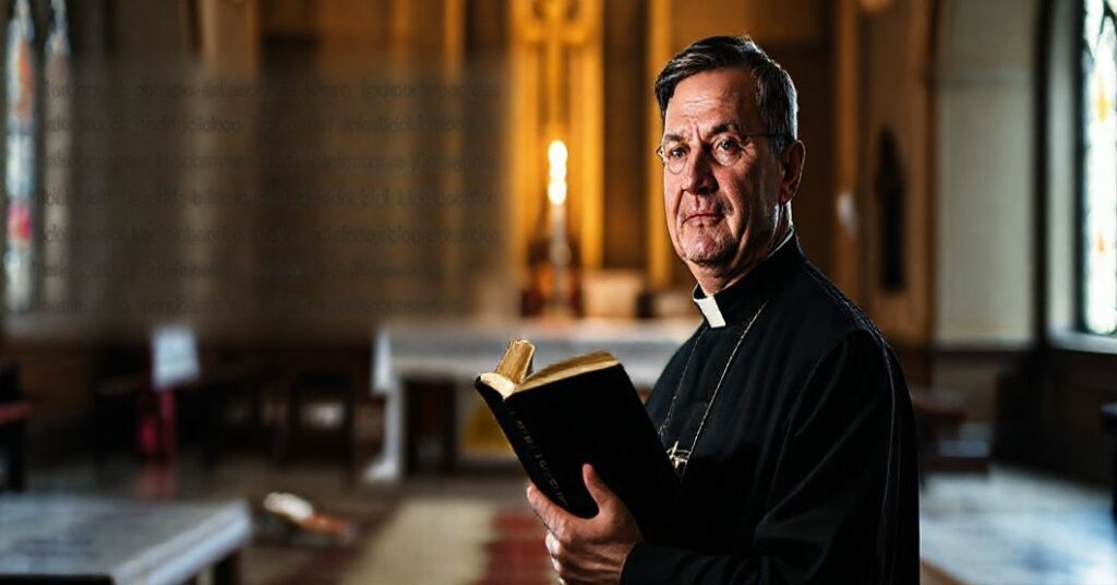 Tradycyjny katolicki ksiądz w sutannie stoi w ciemnym kościele z Biblią, z tłem przedstawiającym symboliczne elementy apostazji nowoczesnego Kościoła