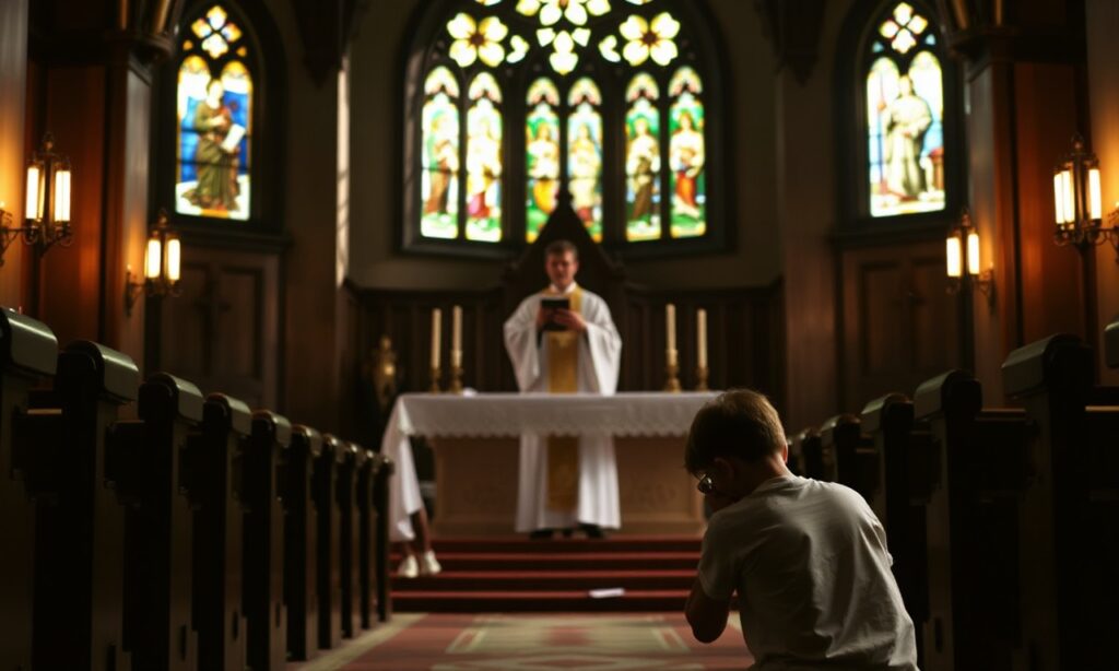 Wnętrze tradycyjnego kościoła katolickiego z księdzem przy ołtarzu trzymającym dokument Sacramentorum sanctitatis tutela. Młody człowiek modli się na kolanach na pierwszym planie.