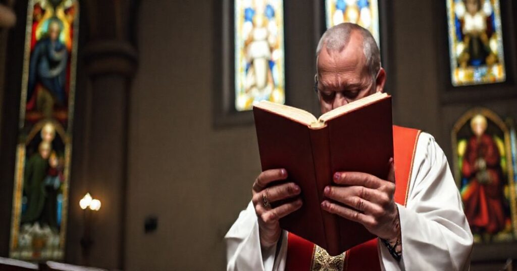 Prawdziwy katolicki ksiądz w tradycyjnych ornatach stoi w ciemnym kościele z przygnębionym wyrazem twarzy, symbolizując zdradę prawdziwych nauk Kościoła przez współczesny ekumenizm.