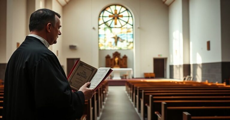 Tradycyjny ksiądz w liturgicznym ubraniu stoi przed opuszczoną kaplicą posoborową. Wyraz głębokiej żałoby na twarzy, trzyma zniszczony missał trydencki. Wewnątrz pustka i brak sakralnej uroczystości.