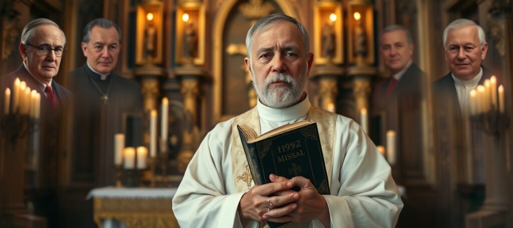 Portret tradycyjnego księdza w pełnym stroju liturgicznym stojącego przed ołtarzem kościelnym z krzyżem i świecami. Na twarzy wyraźna smutna determinacja.