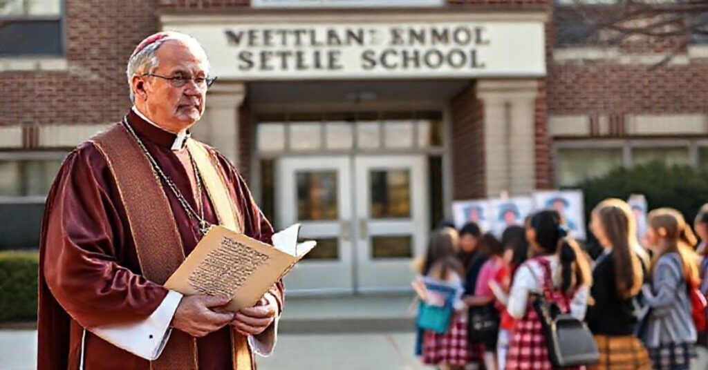 Tradycyjny ksiądz katolicki przed szkołą Bethesdy z kopią encykliki Casti Connubii Piusa XI