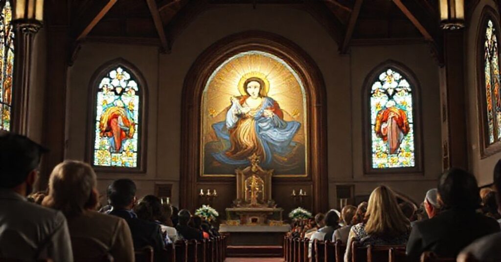 Wnętrze kościoła z tradycyjnymi wizerunkami Najświętszego Serca Jezusa i świętej Małgorzaty Marii Alacoque w modlitwie.