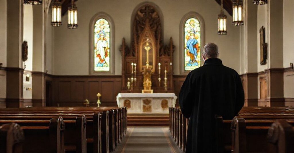 Pusty kościół tradycyjny z pojedynczą postaćą w czarnej sutannie modlącej się przed ołtarzem z monstrancją. Scena podkreśla świętość liturgii i primat adoracji nad nowoczesnymi innowacjami muzycznymi.