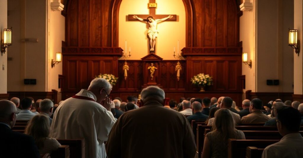 Tradycyjny wnętrze kościoła z kapłanem w spowiedzi, skupionym w modlitwie. Ołtarz z krzyżem Chrystusa. Wierni klękają w czci i pokucie.
